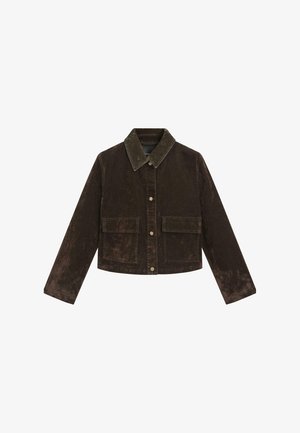 Brown corduroy jacket with a collar, two front pockets, and button closure. Texture is soft with a slightly worn appearance.