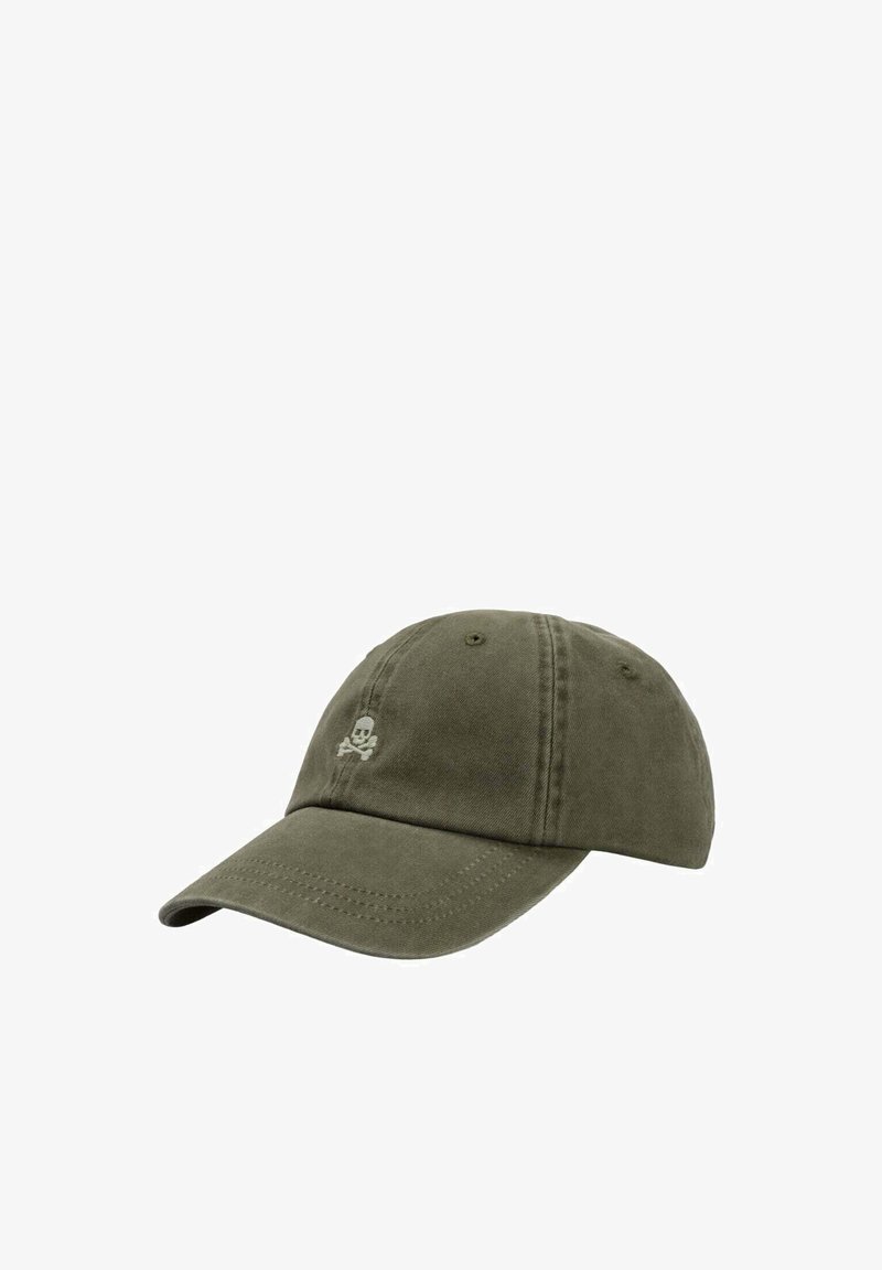 Casquette de baseball vert olive avec un petit crâne et os croisés brodés à l'avant, visière incurvée et œillets de ventilation.