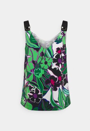 Mouwloze top met bloemenprint met groene, paarse, zwarte en roze abstracte bloemen en zwarte bandjes met metalen ringdetails.