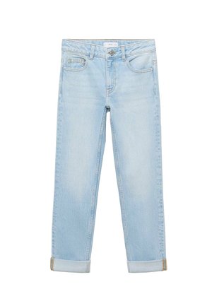 Jeans in denim azzurro chiaro, design aderente, taglio dritto, con due tasche anteriori, chiusura con bottone e orli arrotolati alle caviglie.
