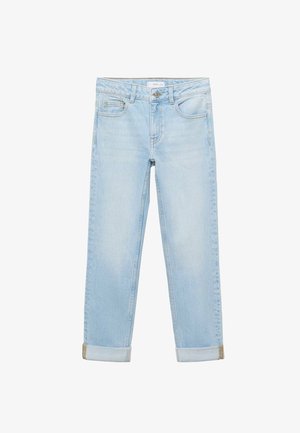 Blugi din denim de un albastru deschis, design ajustat, croi drept, cu două buzunare frontale, închidere cu nasture și manșete rulou la glezne.