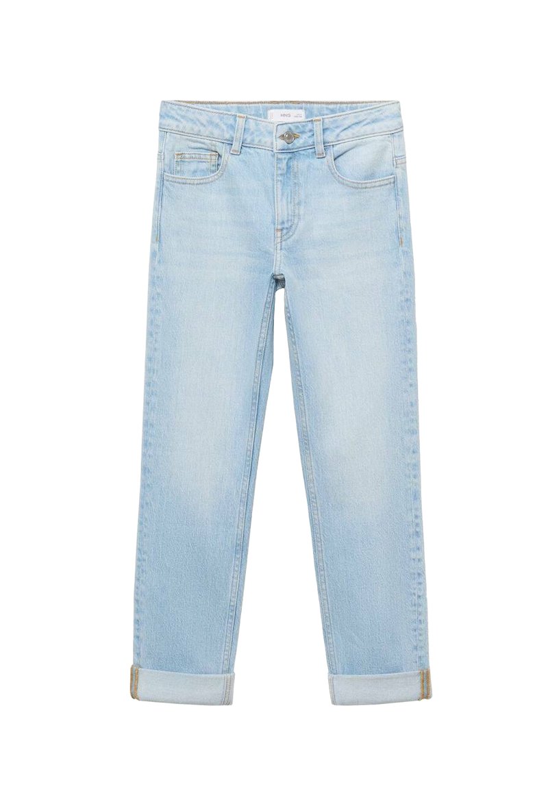 Jeans in denim azzurro chiaro, design aderente, taglio dritto, con due tasche anteriori, chiusura con bottone e orli arrotolati alle caviglie.