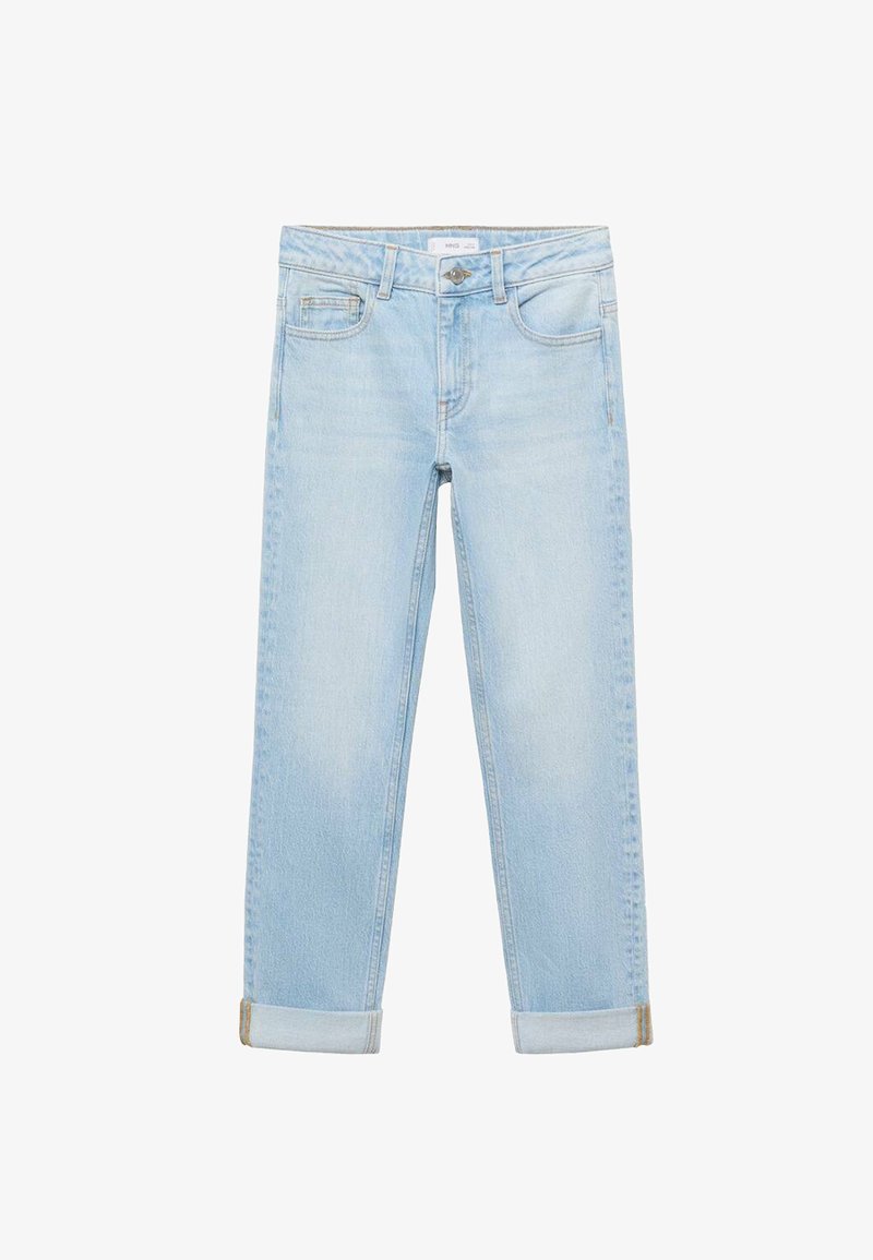 Svetlo modri kavbojki, prilagojena zasnova, ravno krojenje, z dvema sprednjima žepoma, gumbnim zapiranjem in zvitim robom na gležnjih.