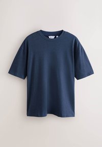 Granatowy T-shirt z krótkim rękawem i okrągłym dekoltem, wykonany z gładkiego, lekkiego materiału. Prosty design o luźnym kroju.