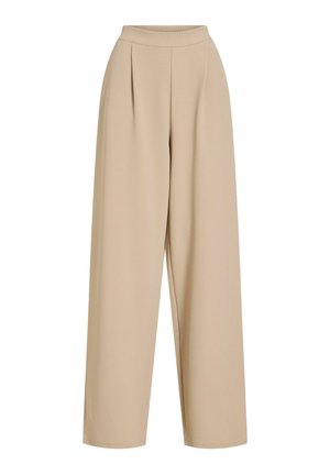 Pantaloni beige a vita alta e gamba larga con dettaglio di piega frontale, progettati per una vestibilità rilassata.