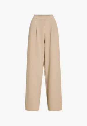 Pantaloni beige a vita alta e gamba larga con dettaglio di piega frontale, progettati per una vestibilità rilassata.