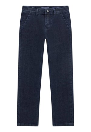 Jean bleu foncé à jambe droite avec poches avant, passants de ceinture et fermeture par bouton à la taille.