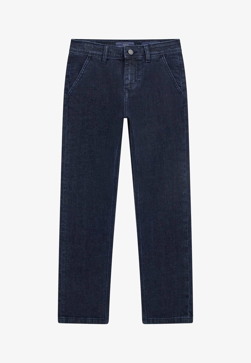 Jean bleu foncé à jambe droite avec poches avant, passants de ceinture et fermeture par bouton à la taille.