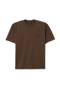 T-shirt in cotone marrone con collo a giro e maniche corte. Include una tasca sul petto e un piccolo etichetta sull'orlo.