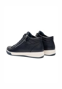 Black leather high-top sneakers with side zippers, black laces, padded ankle collars, and white rubber soles shown from a rear-angle view.