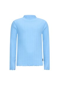Maglione a coste azzurro chiaro con maniche lunghe, collo alto e orlo sfrangiato. Presenta un piccolo logo sul petto.