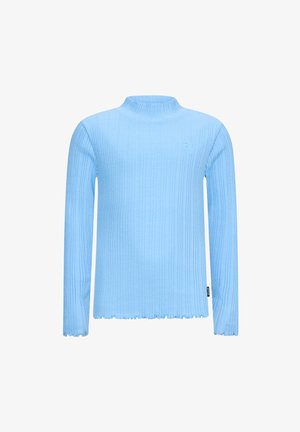 Helles blaues geripptes Strickoberteil mit langen Ärmeln, einem hohen Kragen und fransigem Saum. Mit kleinem Logo auf der Brust.