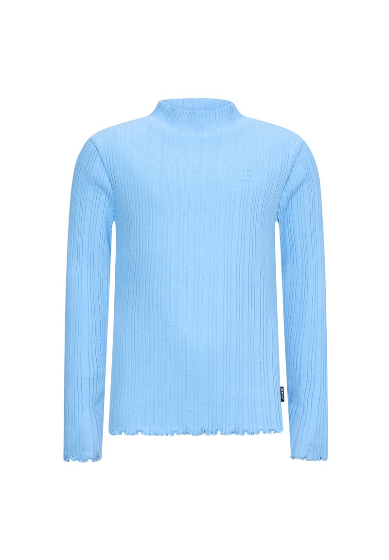 Maglione a coste azzurro chiaro con maniche lunghe, collo alto e orlo sfrangiato. Presenta un piccolo logo sul petto.