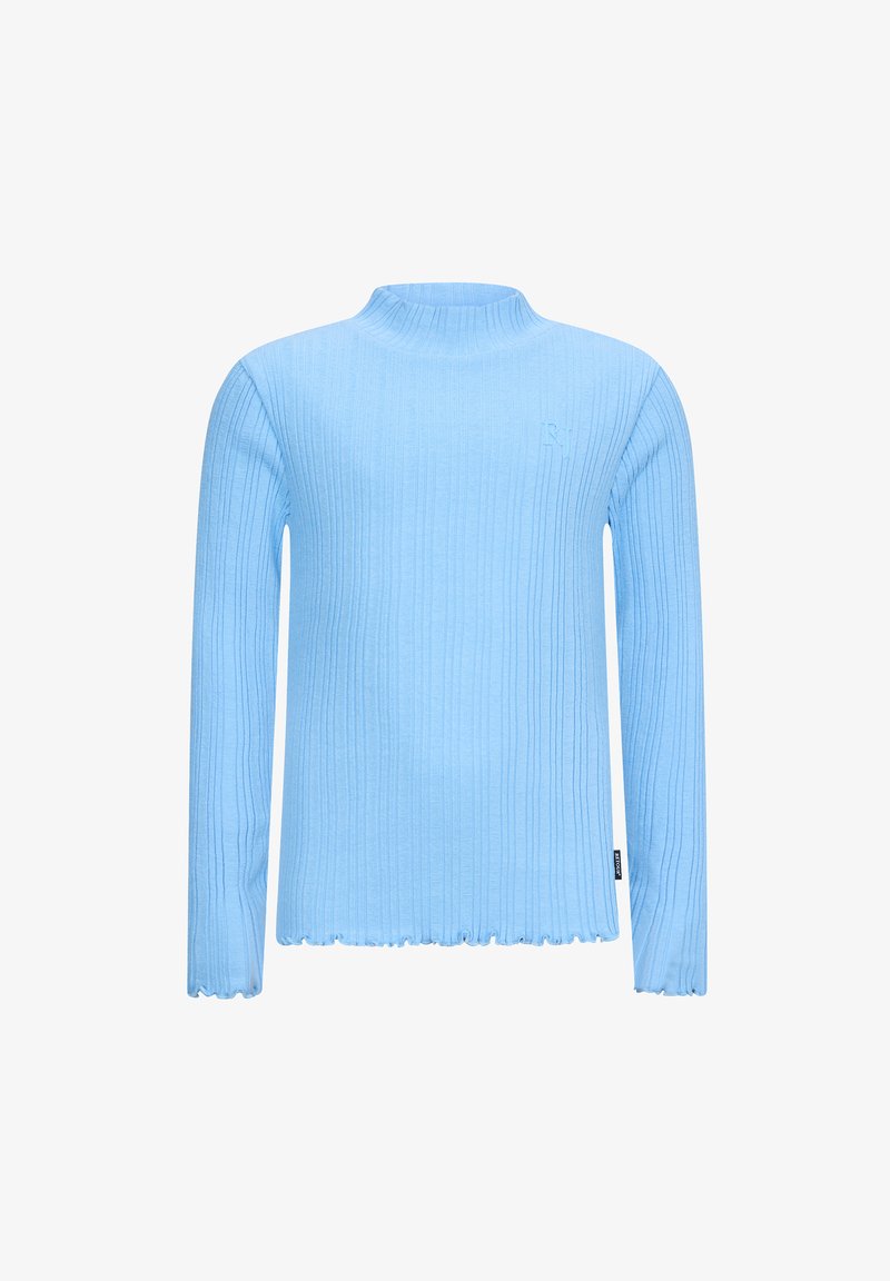 Maglione a coste azzurro chiaro con maniche lunghe, collo alto e orlo sfrangiato. Presenta un piccolo logo sul petto.