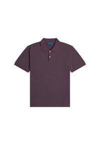 Korte mouwen polo shirt in een diepe paarse kleur, met een kraag, drie knopen en een gladde, gemêleerde stof.