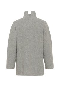 Light grey knitted sweater with a high ribbed collar featuring a center front notch, long sleeves, and a relaxed fit.