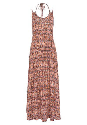 Sukienka maxi bez rękawów z wiązaniem na szyi w stylu halter, z geometrycznym wzorem w kolorach pomarańczowym, fioletowym i morskim oraz talią podkreśloną gumką.