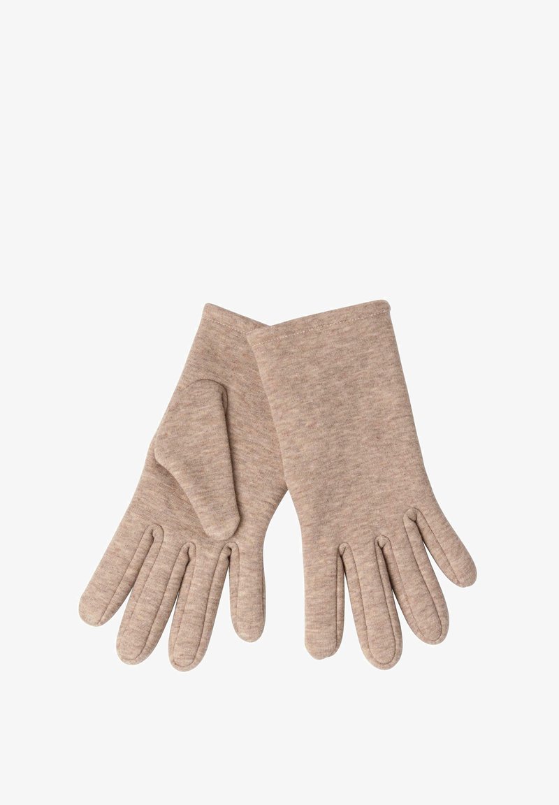 Beige neulotut hanskat, joissa on sileä rakenne, viiden sormen muotoilu ja hieman tummempi cuffi. Yksinkertainen ja toiminnallinen tyyli.