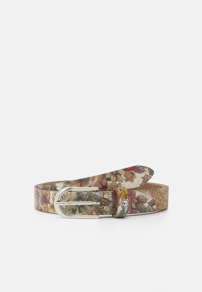 Ceinture en cuir à motif floral avec boucle double ardillon en argent et un petit logo métallique circulaire sur la boucle.