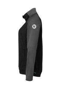 Zwart en grijs met rits gesloten jack met een hoge kraag, voorzien van een logo op de mouw en zijzakken. Glad stoftextuur, atletische pasvorm.