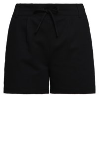 Pantaloni corti neri realizzati in tessuto morbido, con vita regolabile, tasche laterali e taglio dritto. Design minimalista senza ulteriori fantasie.