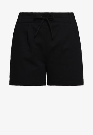 Pantaloni corti neri realizzati in tessuto morbido, con vita regolabile, tasche laterali e taglio dritto. Design minimalista senza ulteriori fantasie.