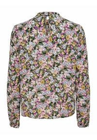 Blusa a maniche lunghe in tessuto leggero, con un motivo floreale nei toni del viola, giallo e verde; dettaglio a chiave sul retro.