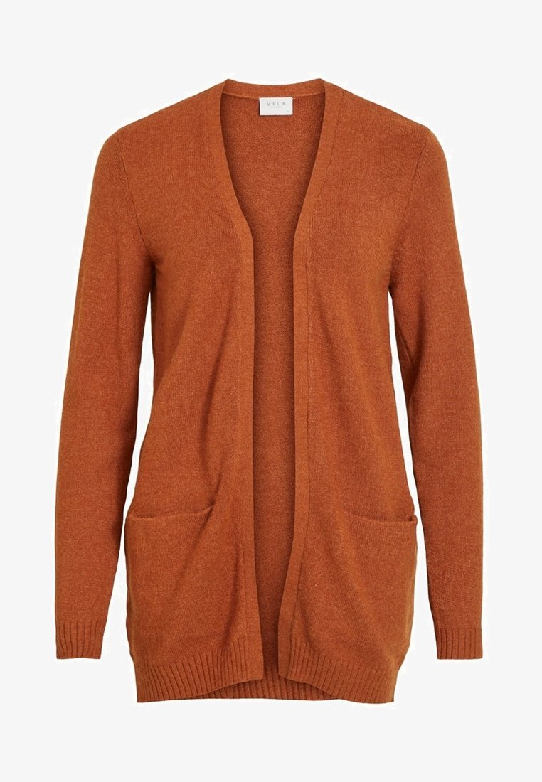 Rostfarbene Strickjacke aus weichem Stoff; offenes Vorderdesign mit zwei vorderen Taschen und gerippten Bündchen und Saum.