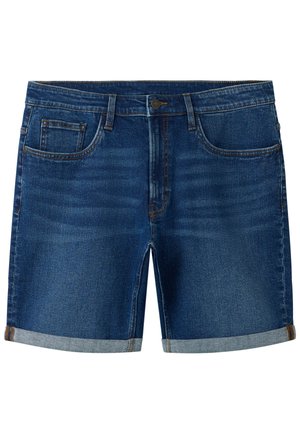Shorts in denim blu scuro con orli risvoltati, chiusura con bottoni, passanti per cintura e tasche frontali e piccola tasca porta monete.