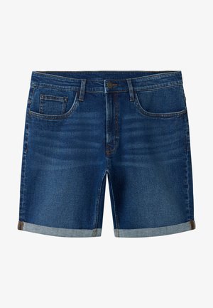 Donkerblauwe denim shorts met opgerolde zomen, knoopsluiting, riemlussen en voorzakken plus een klein muntzakje.