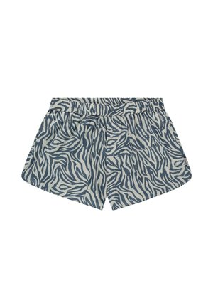 Zebra-patterned shorts made of lightweight fabric in shades of blue and cream. Elastic waistband with a relaxed fit, cut off above mid-thigh.