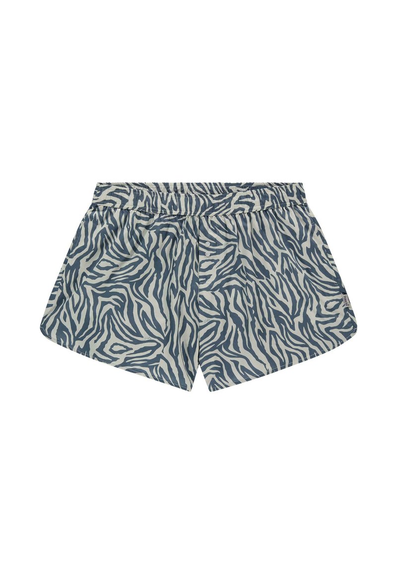 Pantaloni scurți cu model de zebre, confecționați dintr-un material ușor, în nuanțe de albastru și crem. Talie elastică cu o croială confortabilă, tăiați deasupra mijlocului coapsei.