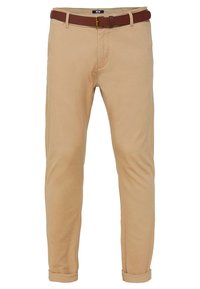 Beiga chinos med smal passform, med en mjuk yta och uppvikta fållar. I kombination med ett mörkbrunt vävt bälte för extra detalj.