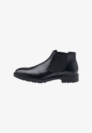 Sort læder Chelsea-støvle med elastiske sidepaneler, rund tå og tekstureret gummisål. Glat overflade med et minimalistisk design.