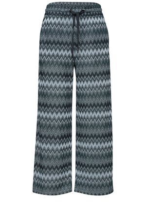 Obszar talii spodni z ciemnozielonym i jasnoszarym wzorem w zygzak, z wiązanym sznurkiem i widocznymi bocznymi kieszeniami.