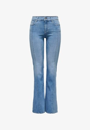 Gaiši zili džinsa džinsi ar augstu vidukli, priekšā ar pogu un rāvējslēdzēju, piegulējoša pie augšstilbiem, ar izplatītām bikses kājām un priekšējām un aizmugurējām kabatām.