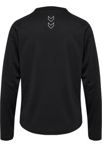 Svart långärmad träningsskjorta gjord av texturerat tyg. Har rund halsringning och tre vita chevron-accenter på ryggen.