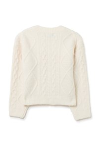 Cremfarbener Zopfmuster-Pullover mit strukturiertem Muster, Rundhalsausschnitt und gerippten Bündchen und Saum. Gemütlicher Stoff und verkürzter Schnitt.