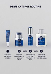 Four skincare products displayed: a blue tube, a white and blue jar, a blue spray bottle, and a clear bottle. All feature round shapes and labels.