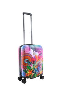 Hard-shell suitcase with a colorful butterfly and tropical print, featuring a retractable handle, four wheels, and a glossy surface.