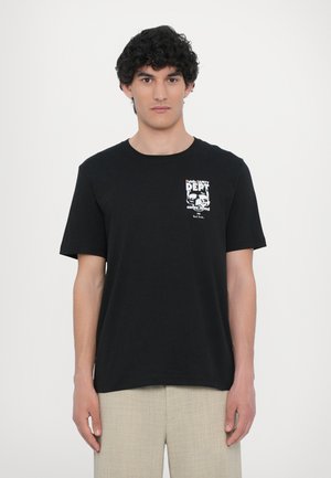 Black cotton t-shirt with short sleeves, round neckline, and a front pocket print featuring graphic text and skull design.