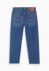 Modré džíny z denimu se rovný fit, obsahující dvě zadní kapsy, viditelné švy a koženou nášivku s logem na pase.