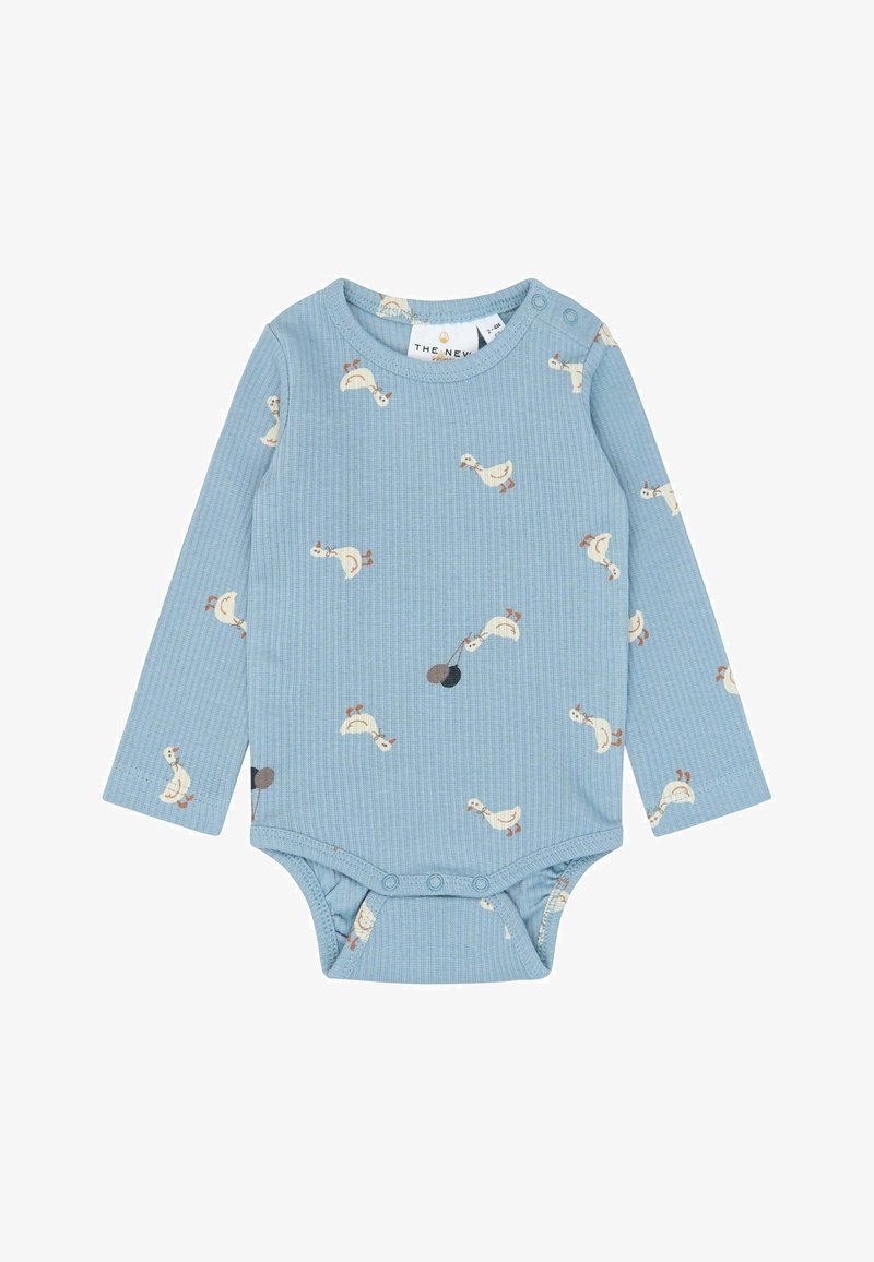 Body bébé bleu à manches longues avec imprimé canard blanc, encolure ronde, boutons pression à l'épaule et à l'entrejambe pour un habillage facile.