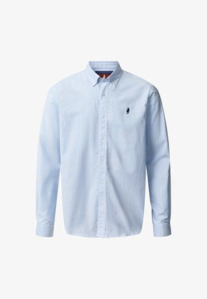 Férfi világoskék és fehér függőleges csíkos, hosszú ujjú, gombolós ing, gombos gallérral és az alsó bal mellrészen kis, fekete hímzett logóval.