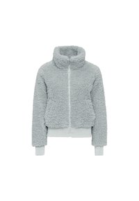 Veste zippée en sherpa gris clair et duveteuse avec col montant, poignets côtelés et ourlet côtelé, présentée sur fond blanc.