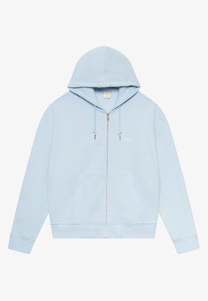 Lys blå zip-up hettegenser laget av mykt stoff, har kengurulomme, snorhette og minimalistisk frontlogo.