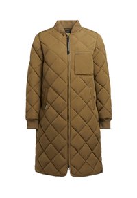 Manteau long matelassé en olive, avec une fermeture éclair à l'avant, une poche poitrine et des poignets côtelés. Fabriqué dans un matériau lisse et durable.