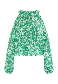 Blusa verde con stampa floreale, colletto arricciato, maniche lunghe e orlo elasticizzato. Realizzata in tessuto leggero e testurizzato.