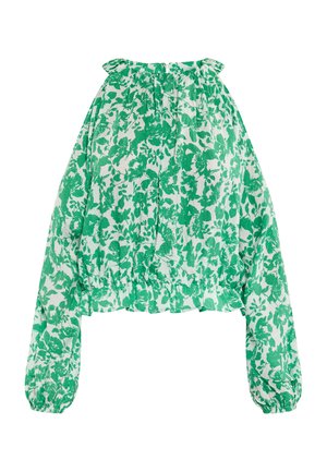 Roheline lilleline pluus koos kortsunud kaeluse, pikkade varrukate ja elastse alumise servaga. Valmistatud kergest, tekstuurses kangas.