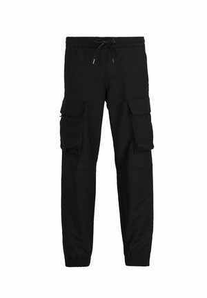 Schwarze Cargo-Hosen aus Baumwollmischung mit elastischem Bund, schmalen Bündchen und zwei großen Seitentaschen mit Klappen.